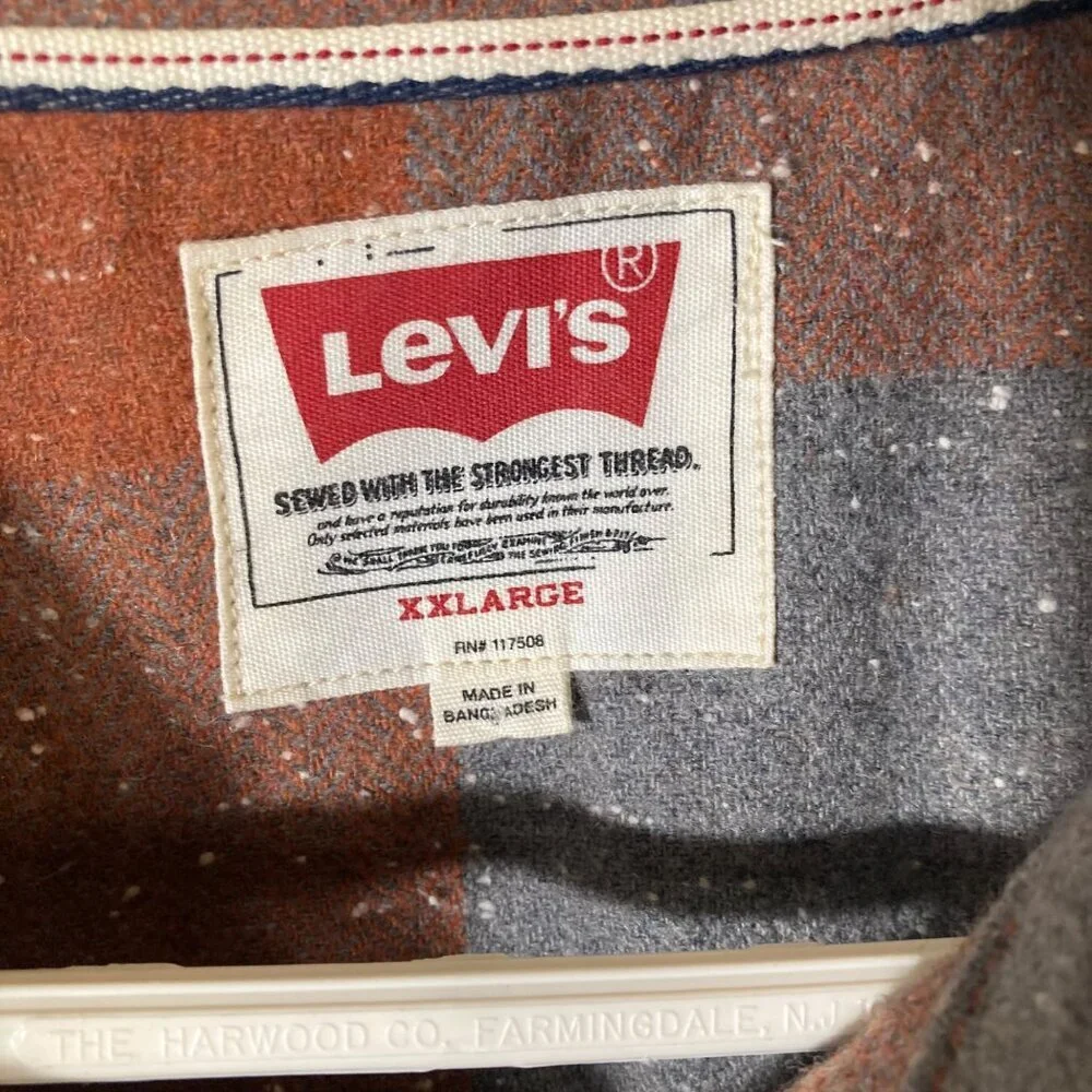 Mens Levis Wool Blend Plaid Buffalo Check Heavy‎ Shirt Shacket Orange Gray 2XL - Picture 7 of 9